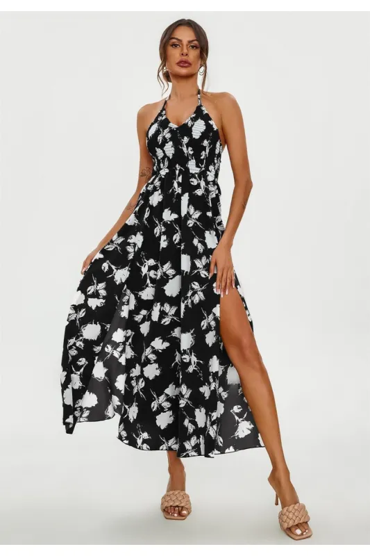 FS Collection Floral Print Tie Halterneck Back Detail Maxi Dress In Black sold by Goddiva