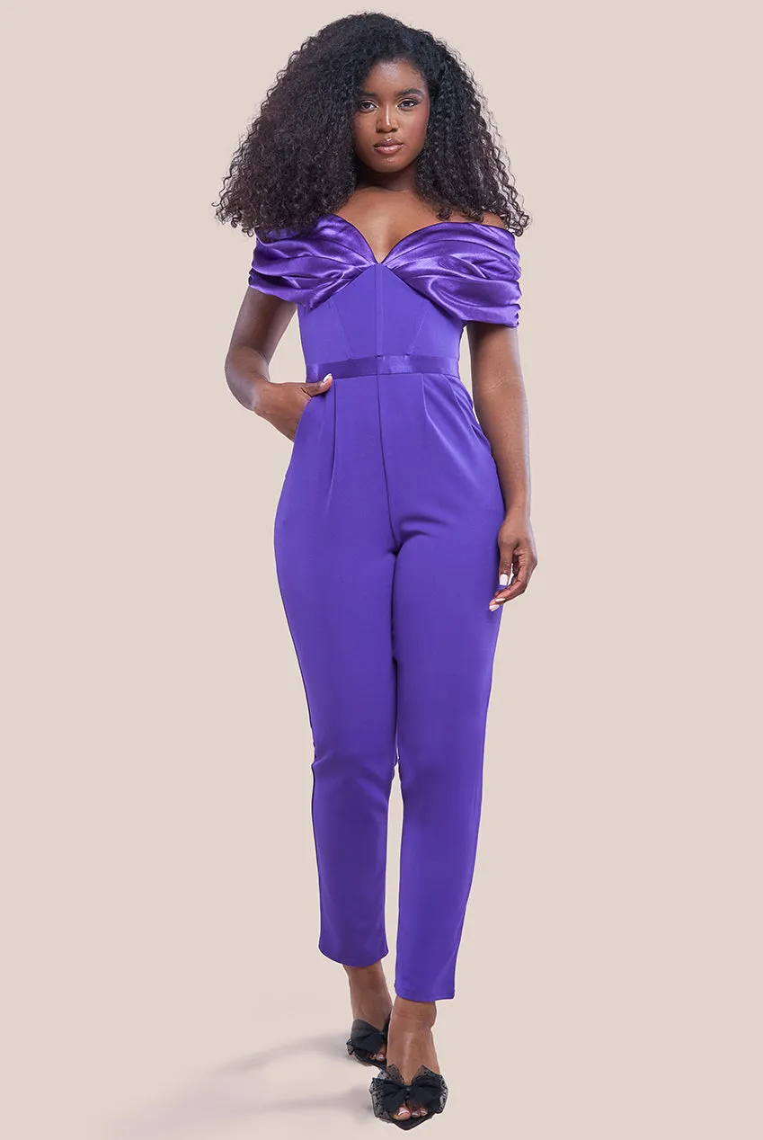 Corset Bodice Scuba & Satin Bardot Jumpsuit - Purple by Goddiva sold by Goddiva