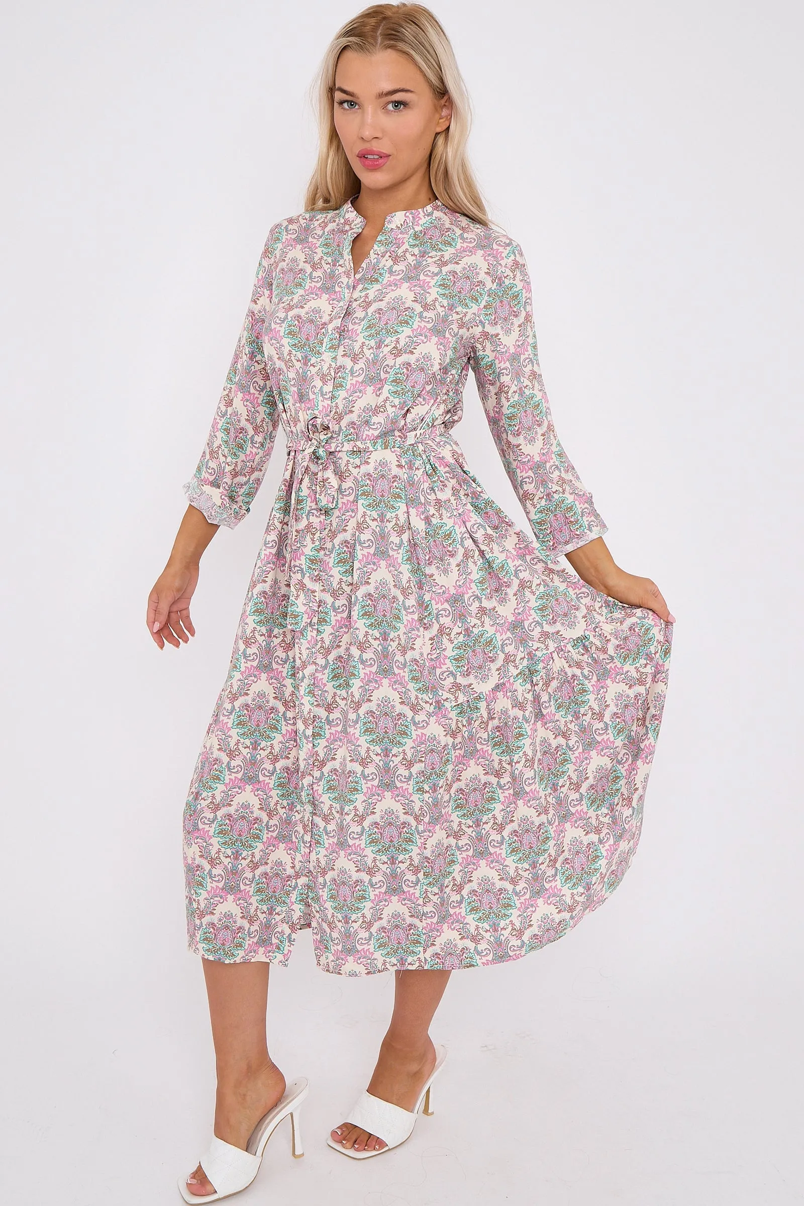 White Bohemian Print Long Sleeve Midi Dress by LOVE SUNSHINE sold by Goddiva product image thumbnail 4