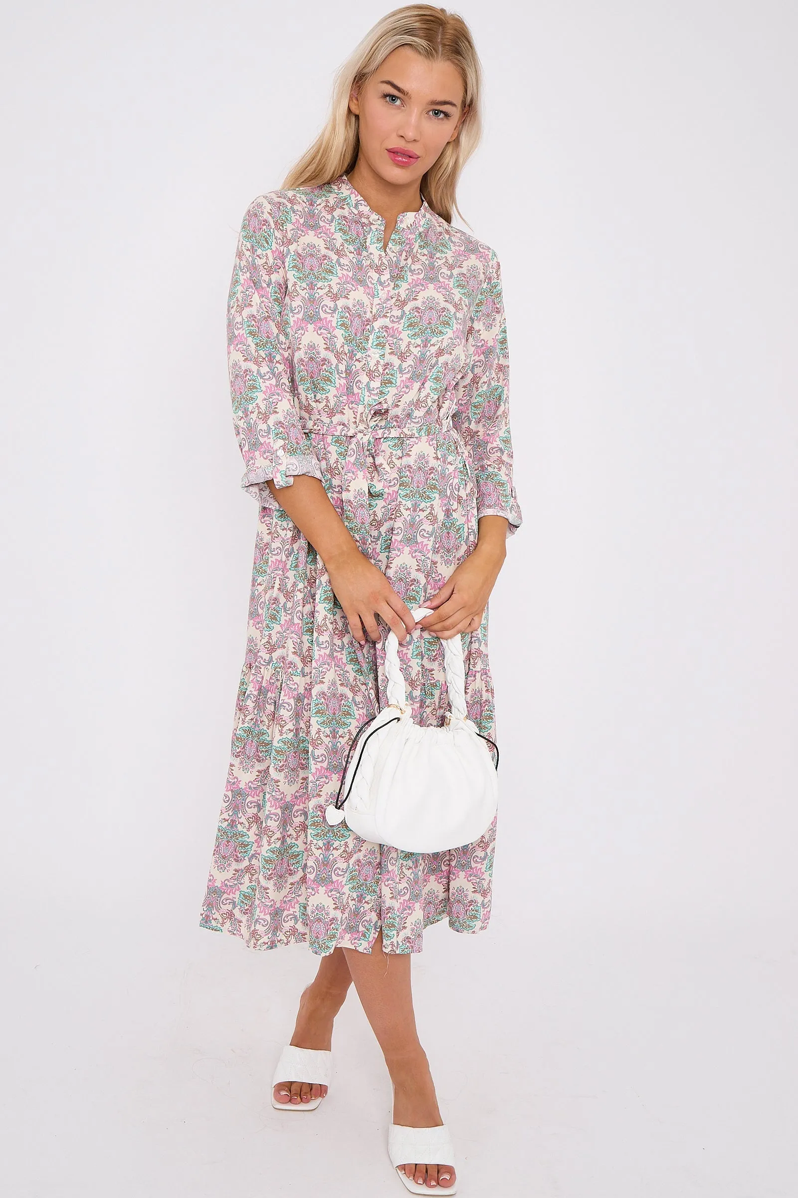 White Bohemian Print Long Sleeve Midi Dress by LOVE SUNSHINE sold by Goddiva
