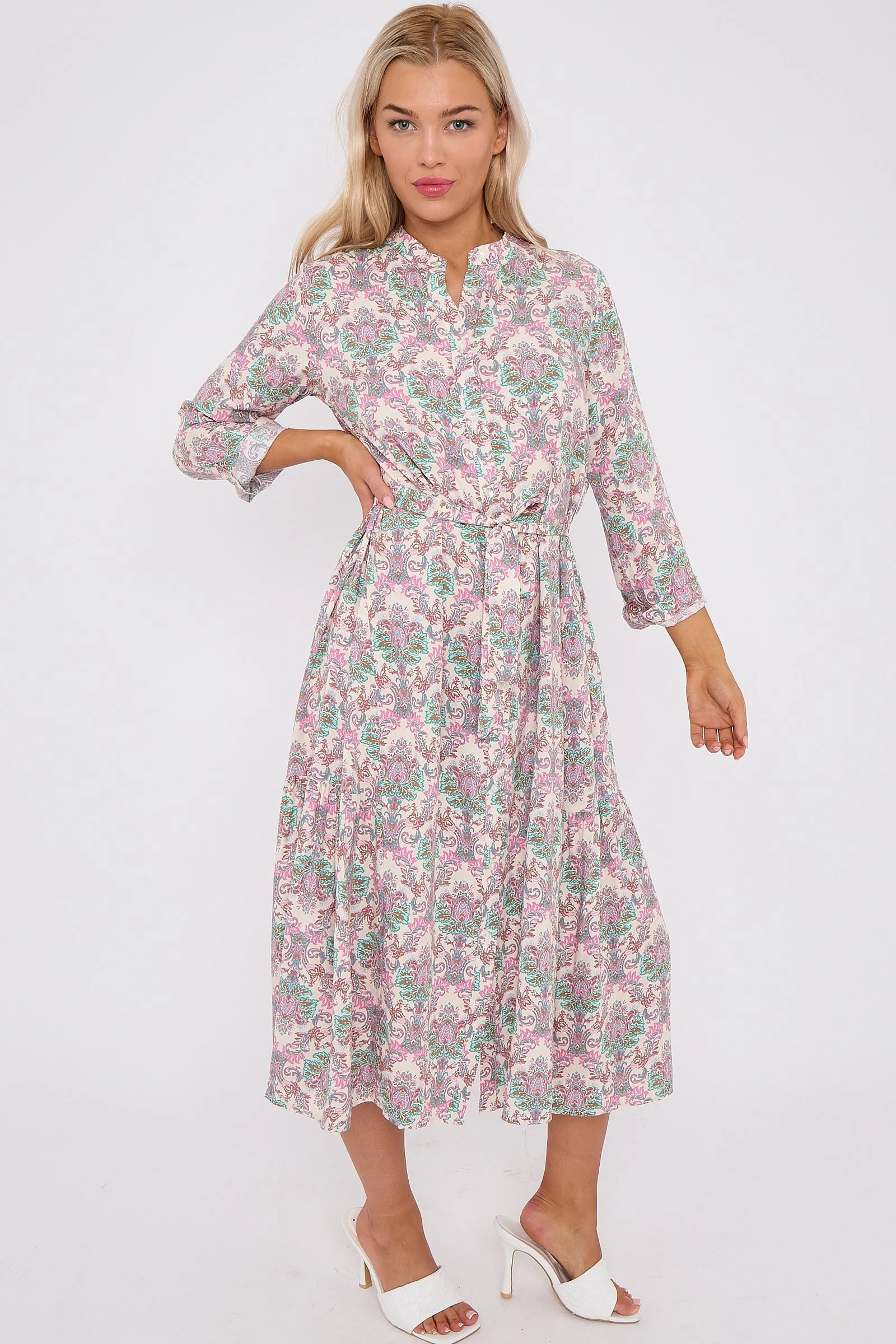 White Bohemian Print Long Sleeve Midi Dress by LOVE SUNSHINE sold by Goddiva product image thumbnail 5