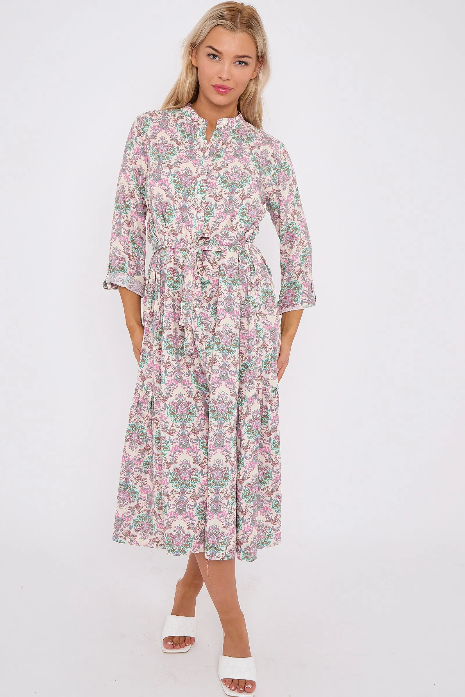 White Bohemian Print Long Sleeve Midi Dress by LOVE SUNSHINE sold by Goddiva product image thumbnail 2