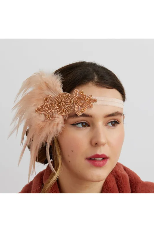 Rose Gold Flapper Headband With Feathers by QueenMee Accessories made by Goddiva