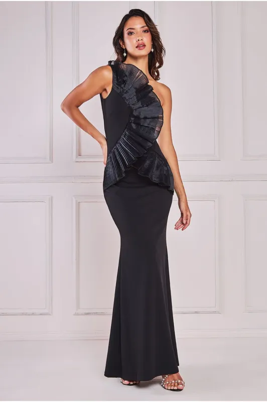 One Shoulder Pleated Fan Maxi Dress - Black by Goddiva sold by Goddiva