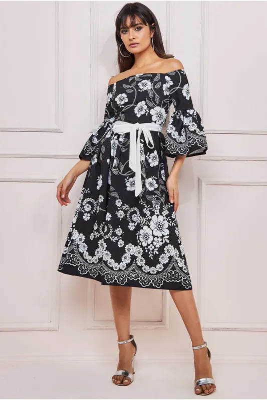 Printed Off The Shoulder Midi Dress - Black by Goddiva sold by Goddiva