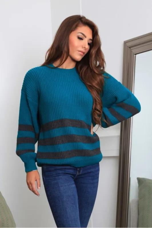 Double Second Teal Green And Grey Striped Oversized Knit Jumper sold by Goddiva