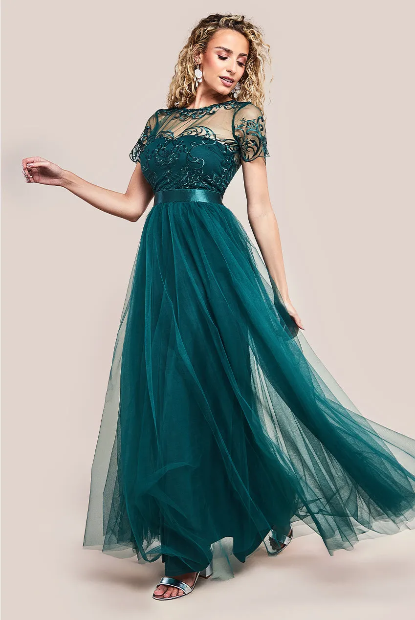 Embroidered Mesh Maxi Dress - Emerald Green by Goddiva sold by Goddiva