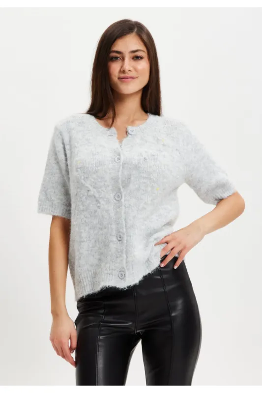 Grey Knitted Floral Short Sleeve Cardigan by Liquorish sold by Goddiva