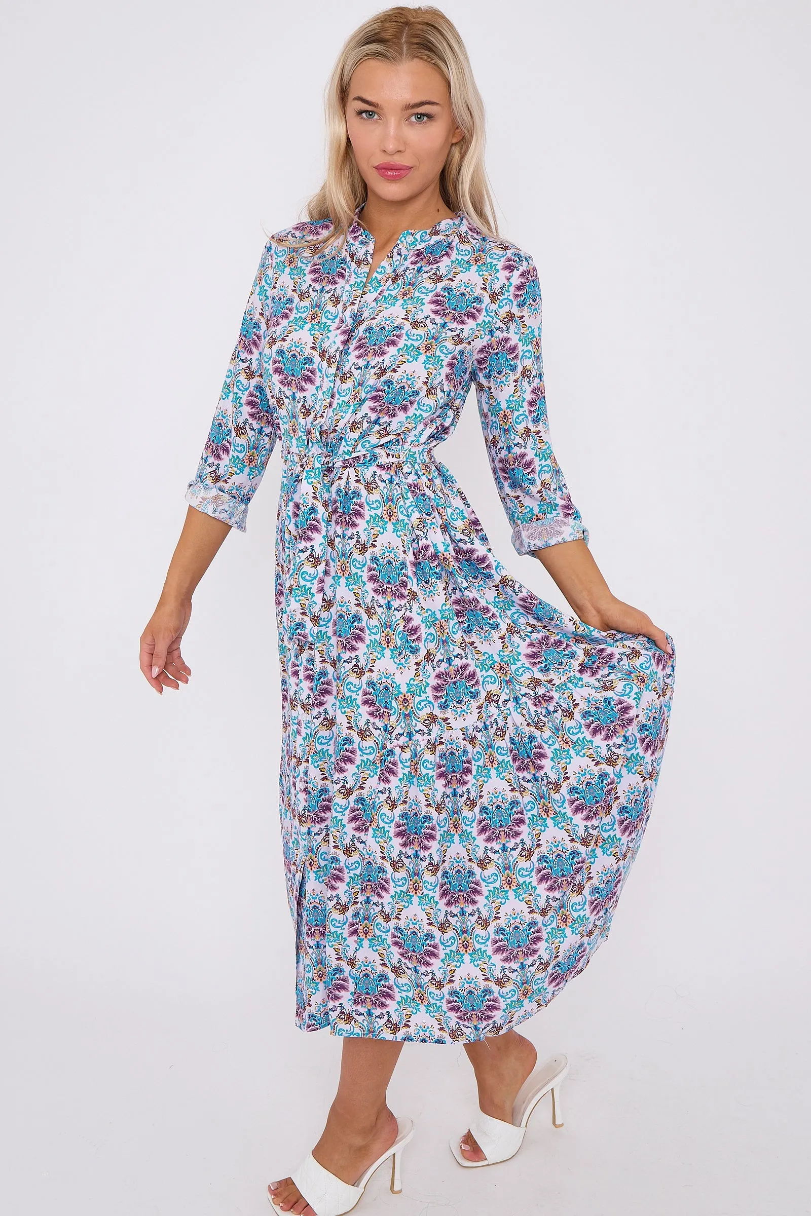 Blue Bohemian Print Long Sleeve Midi Dress by LOVE SUNSHINE sold by Goddiva product image thumbnail 4