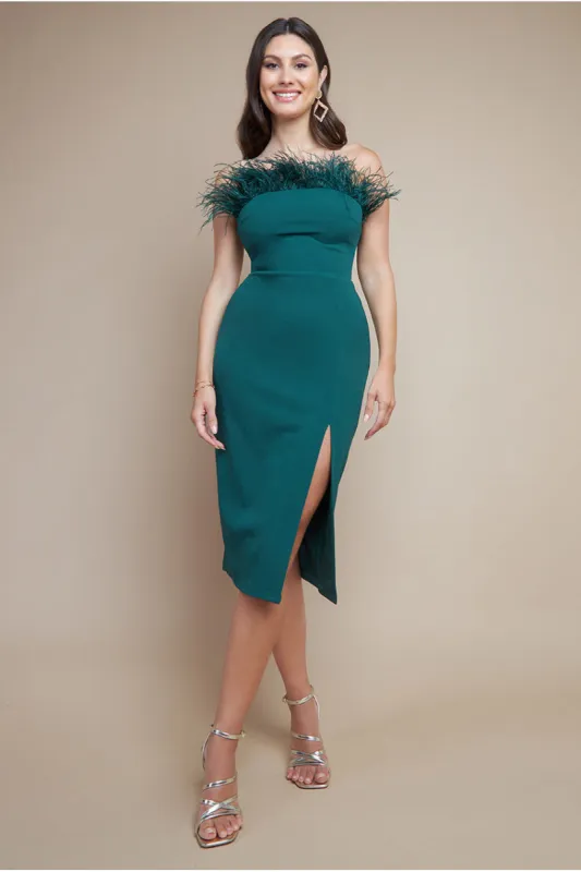 Feather Boobtube Midi Dress - Emerald Green by Goddiva sold by Goddiva