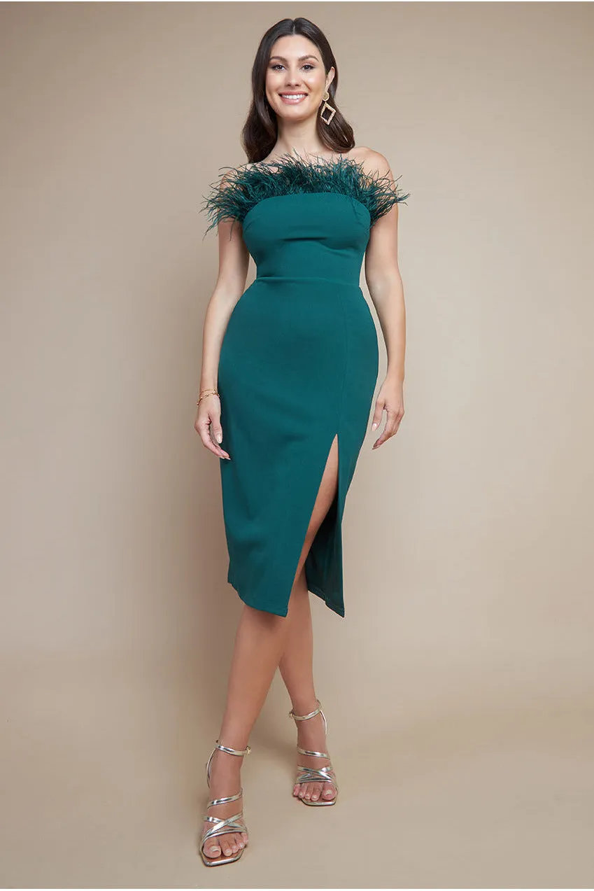 Feather Boobtube Midi Dress - Emerald Green by Goddiva sold by Goddiva