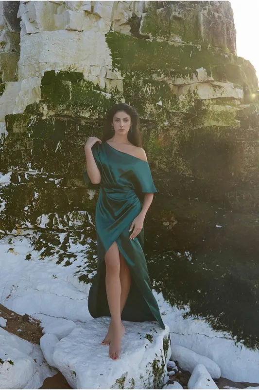 Satin Drape Shoulder Wrap Maxi Dress - Emerald Green by Goddiva sold by Goddiva