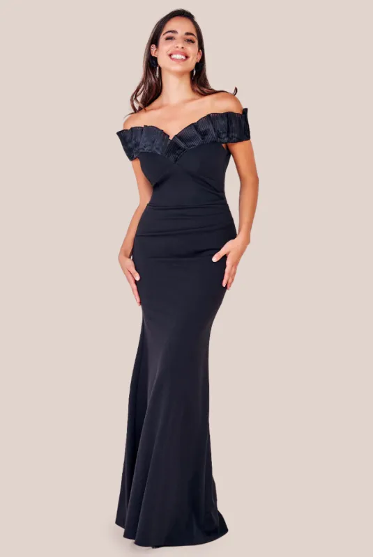 Fan Pleated Bardot Scuba Crepe Maxi - Black by Goddiva sold by Goddiva