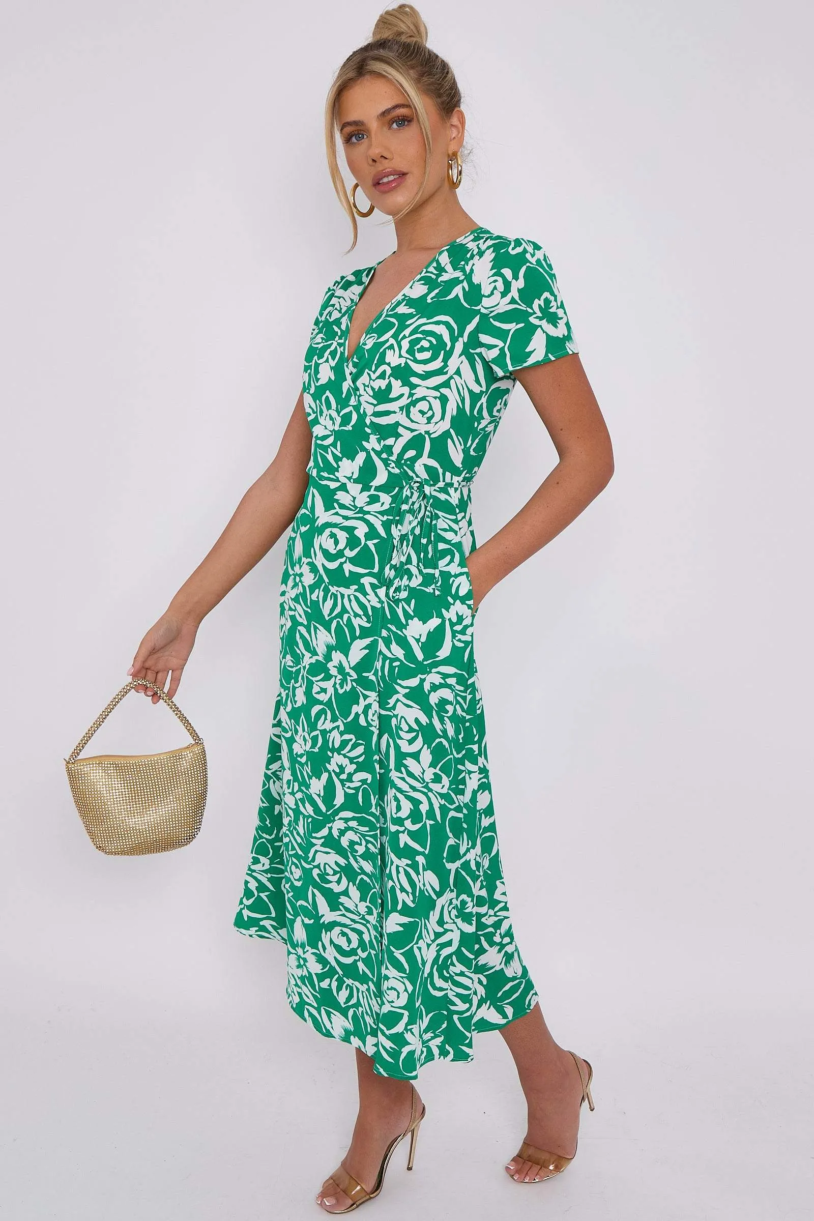 LOVE SUNSHINE Green Floral Print Wrapped Midi Dress sold by Goddiva product image thumbnail 3