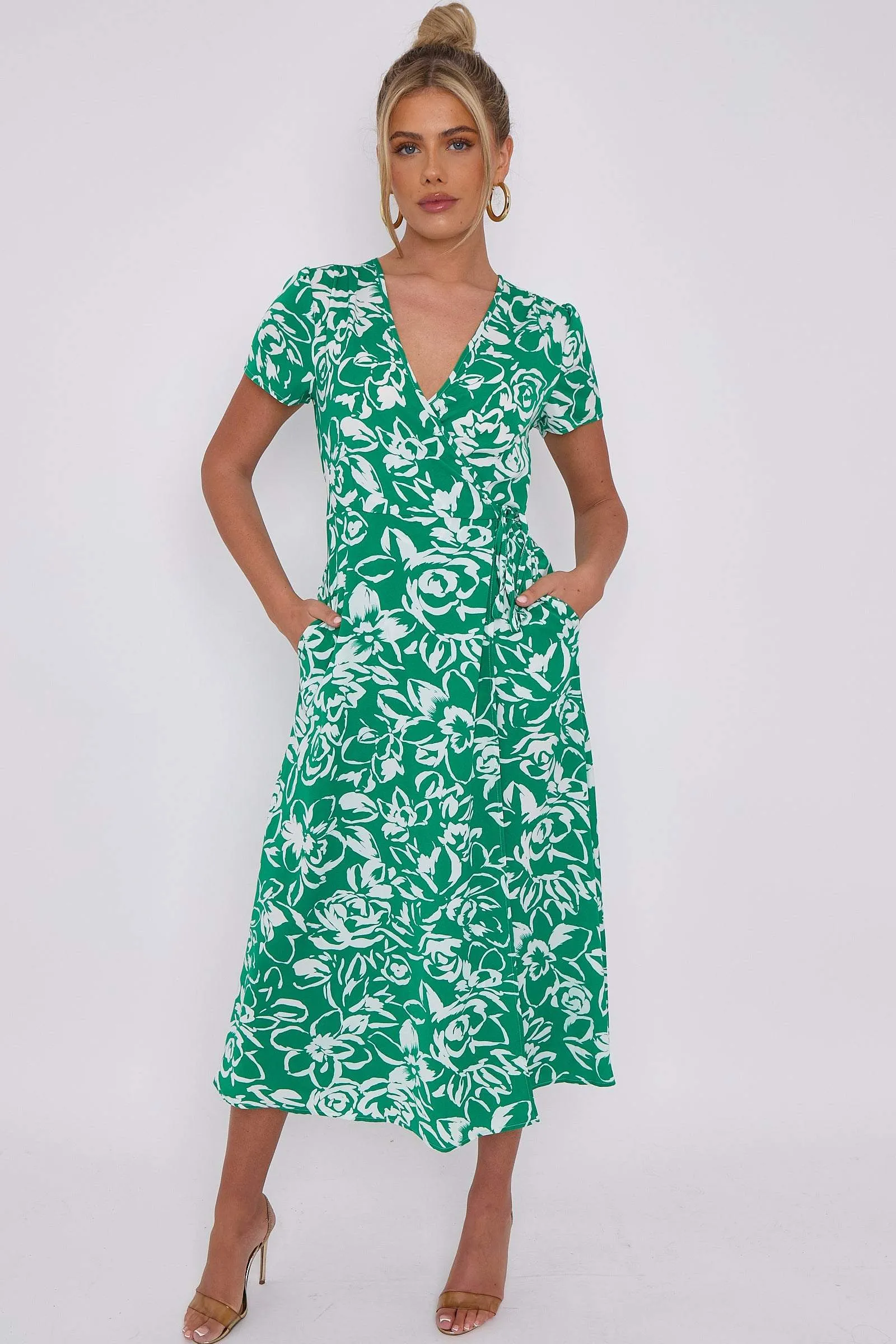 LOVE SUNSHINE Green Floral Print Wrapped Midi Dress sold by Goddiva product image thumbnail 4