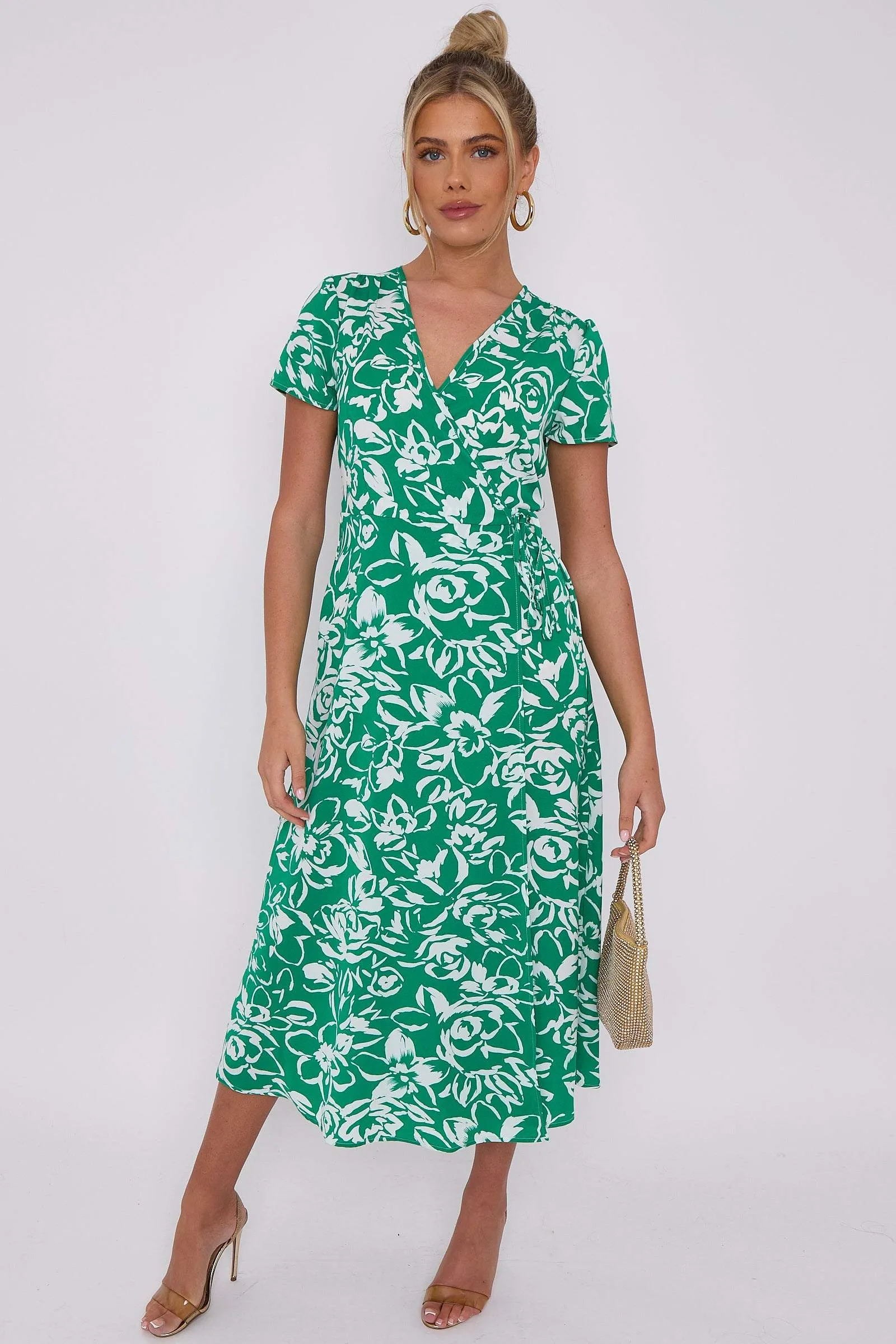 LOVE SUNSHINE Green Floral Print Wrapped Midi Dress sold by Goddiva