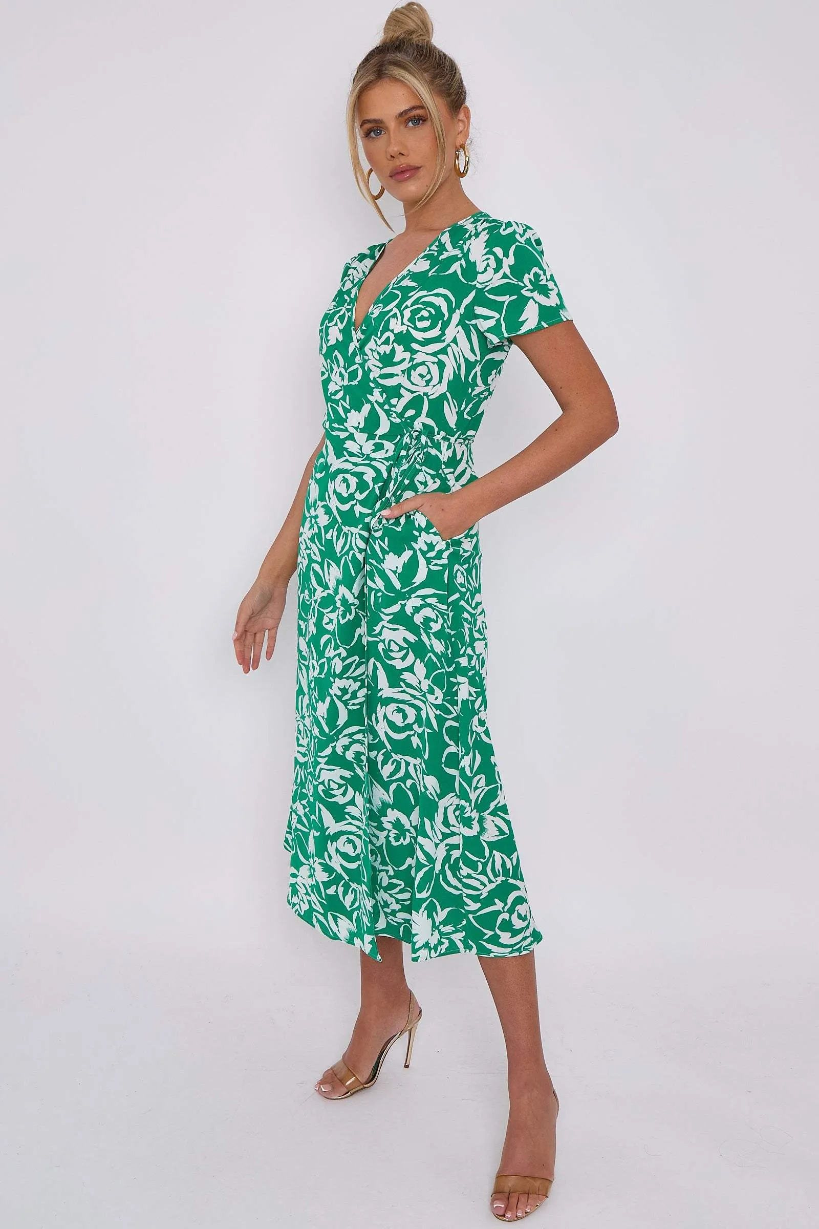 LOVE SUNSHINE Green Floral Print Wrapped Midi Dress sold by Goddiva product image thumbnail 5