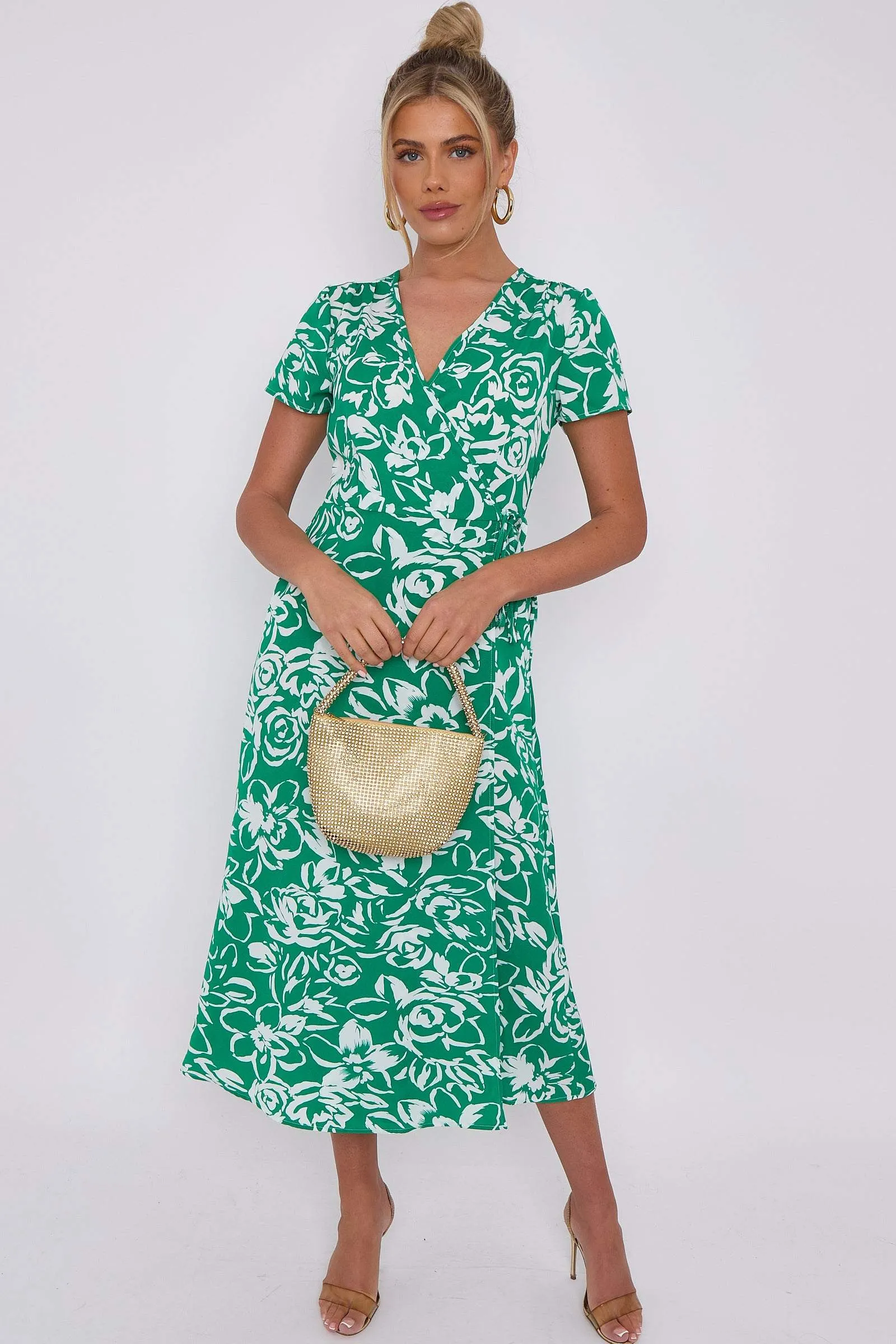 LOVE SUNSHINE Green Floral Print Wrapped Midi Dress sold by Goddiva product image thumbnail 2