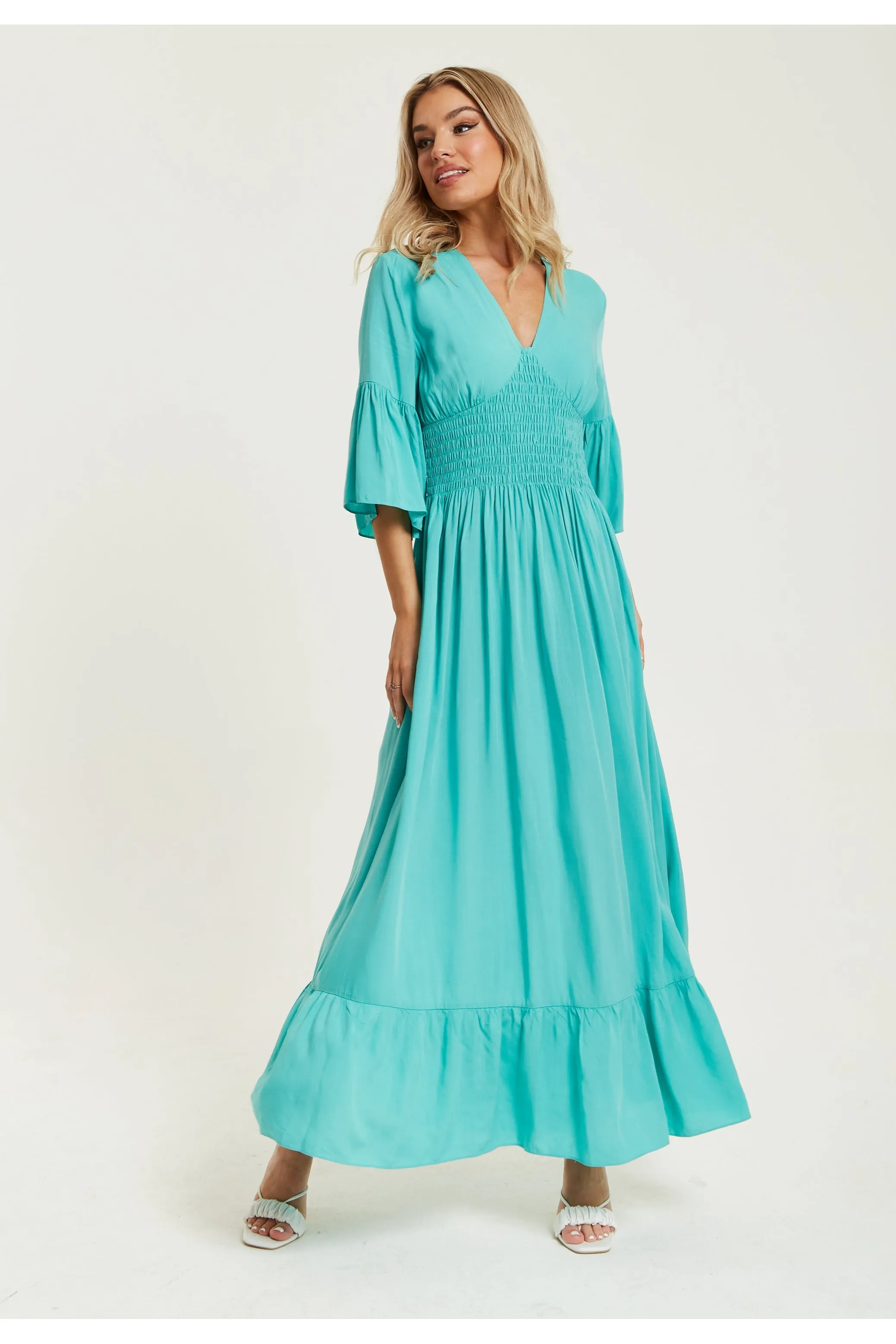 Green Maxi Dress With Frill Sleeves by Liquorish sold by Goddiva