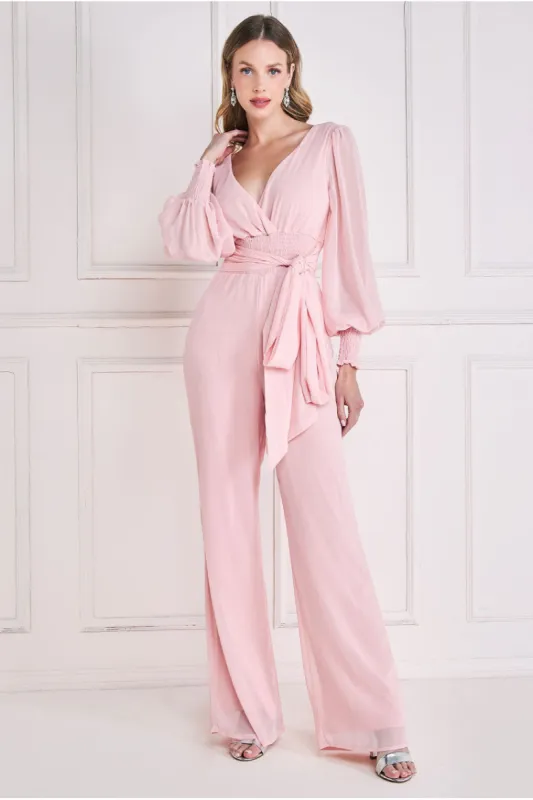 Goddiva Chiffon Puffy Sleeve Jumpsuit - Blush sold by Goddiva