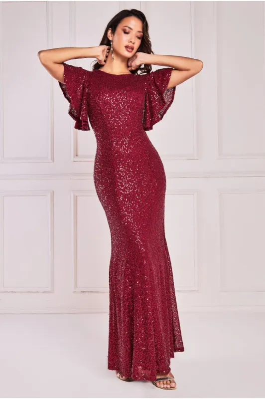 Sequin Flutter Sleeve Maxi - Wine by Goddiva sold by Goddiva