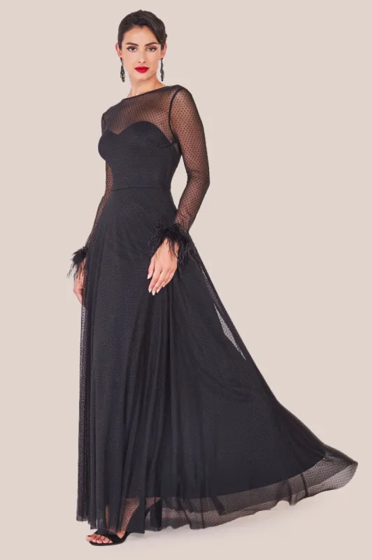 Goddiva Dobby Mesh Feather Sleeve Hem Maxi Dress - Black sold by Goddiva
