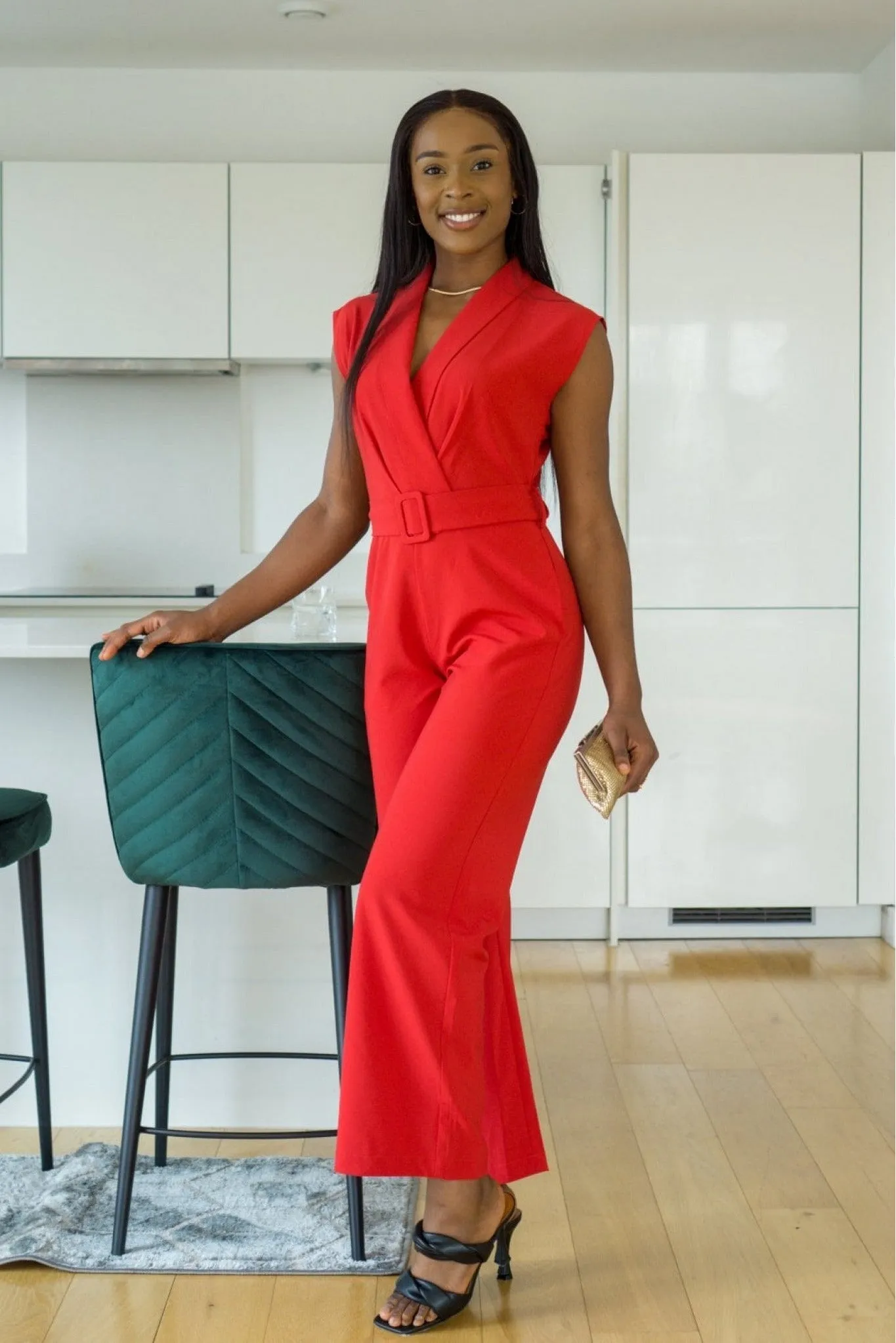 Red Belted Wrap Jumpsuit by Double Second sold by Goddiva product image thumbnail 2
