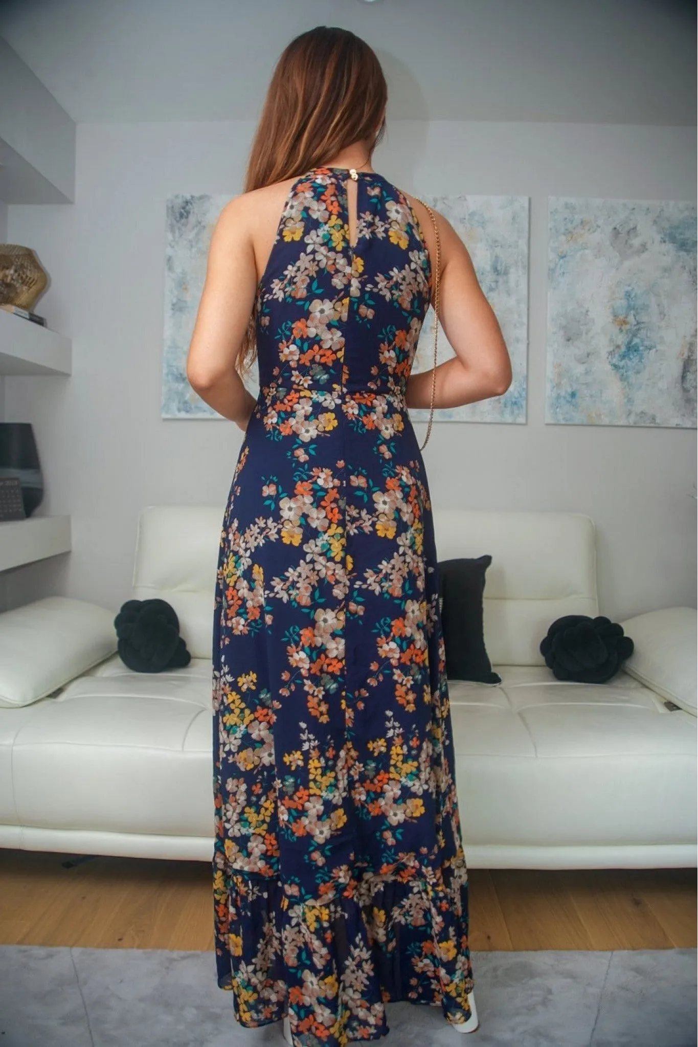 Double Second Navy Floral Print Halter Neck Wrap Frill Maxi sold by Goddiva product image thumbnail 4