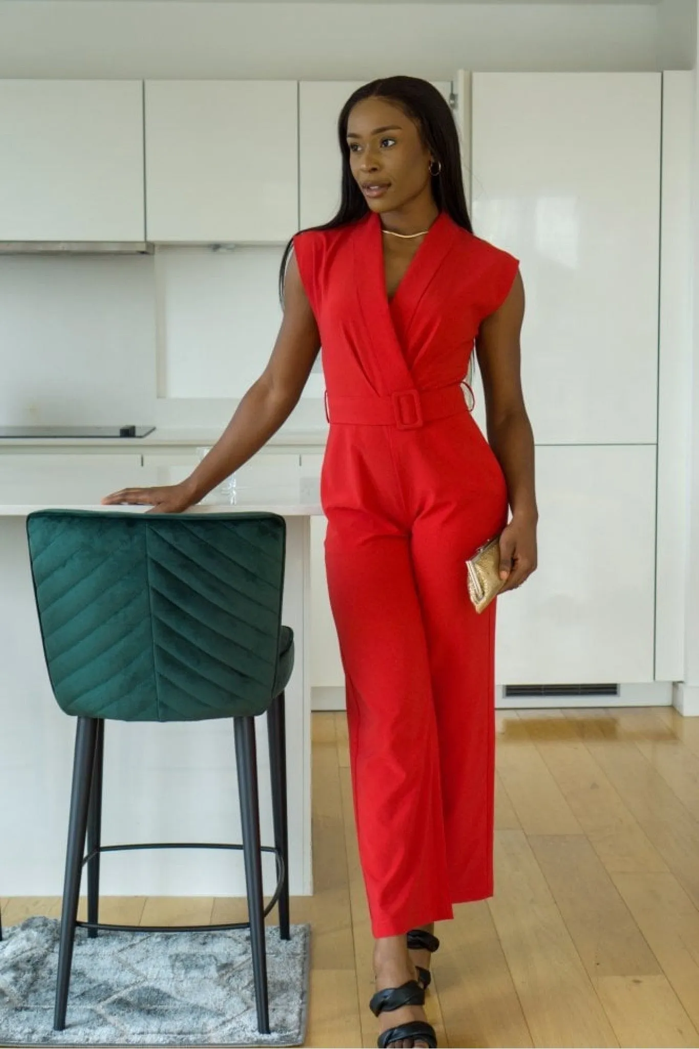 Red Belted Wrap Jumpsuit by Double Second sold by Goddiva