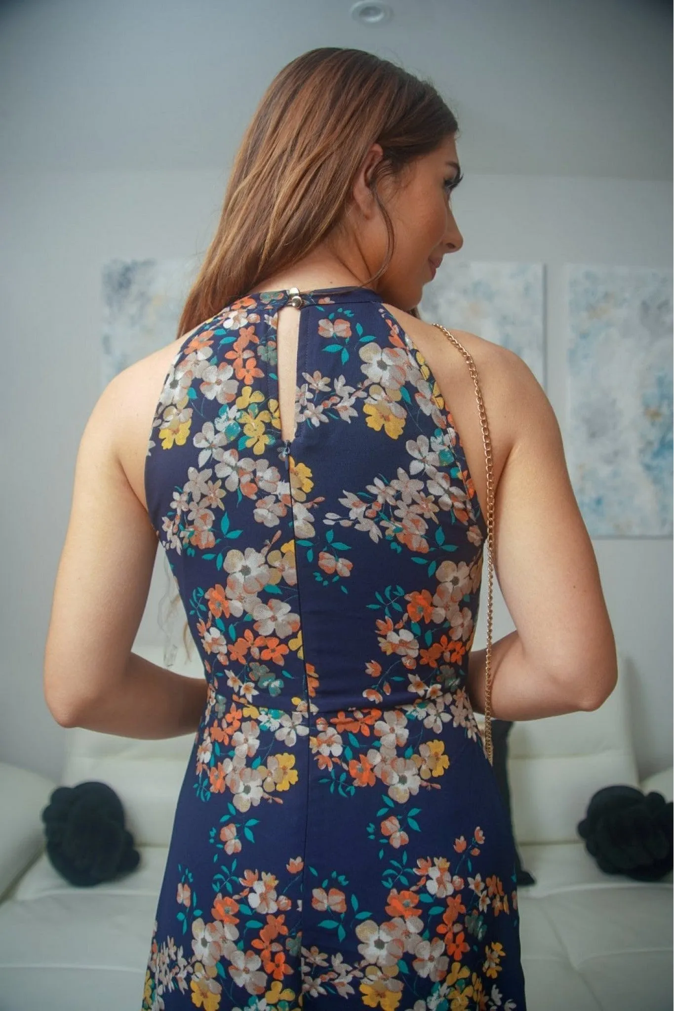 Double Second Navy Floral Print Halter Neck Wrap Frill Maxi sold by Goddiva product image thumbnail 5