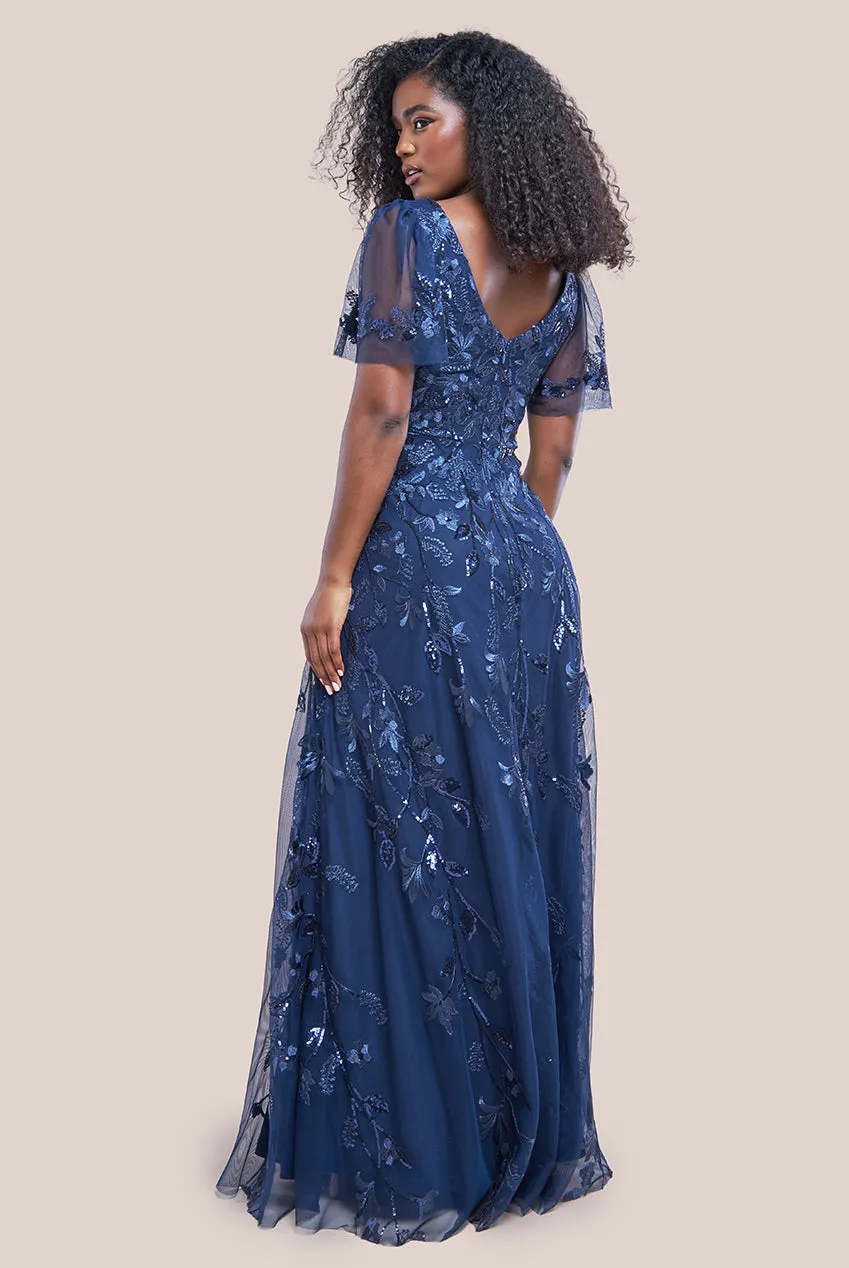 Flared Sleeve Embroidered Maxi Dress - Navy Blue by Goddiva sold by Goddiva product image thumbnail 2