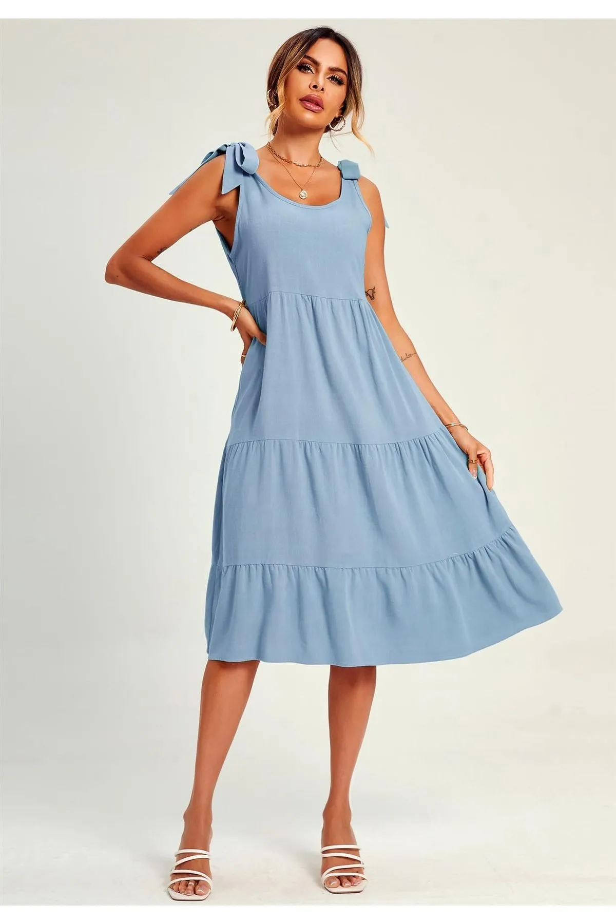 FS Collection Relaxed Linen Self Tie Shoulder Tiered Midi Dress In Light Blue sold by Goddiva product image thumbnail 3