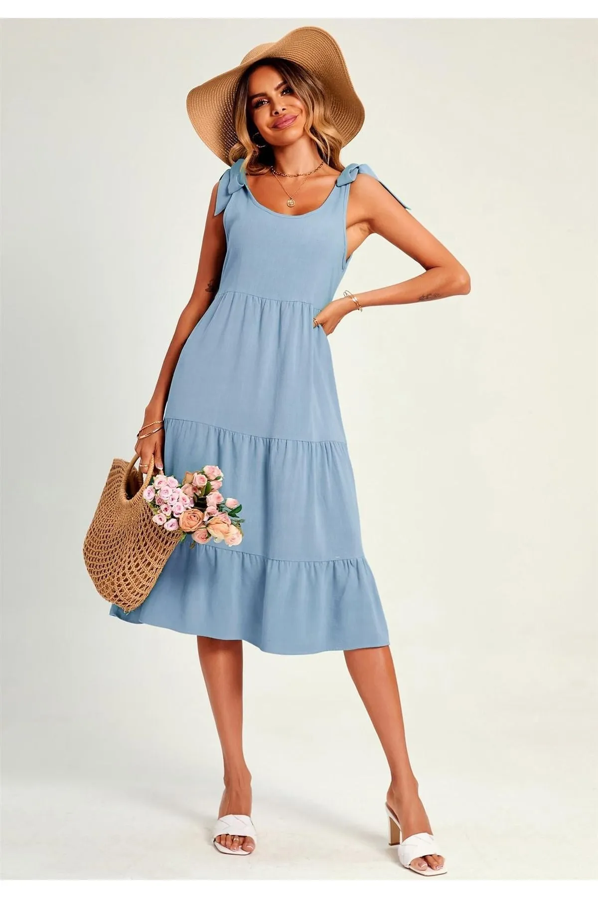 FS Collection Relaxed Linen Self Tie Shoulder Tiered Midi Dress In Light Blue sold by Goddiva