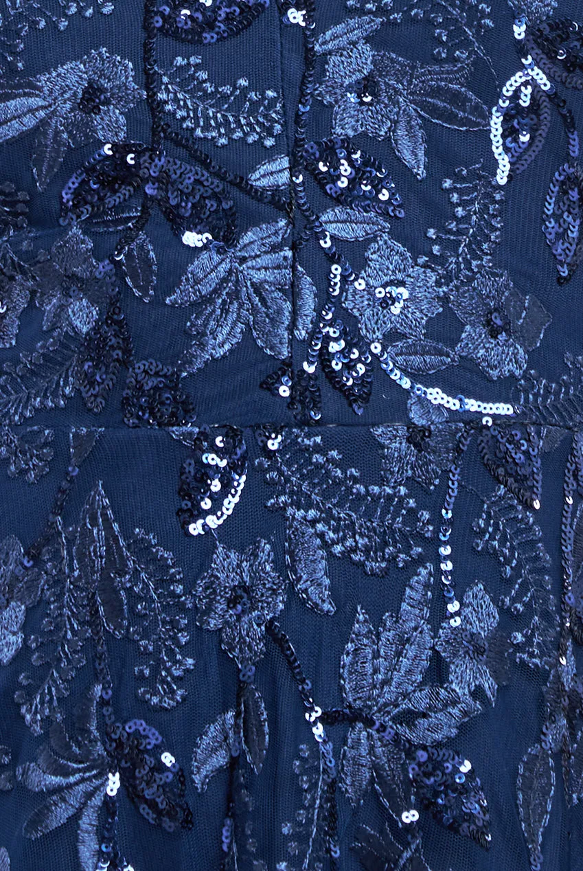 Flared Sleeve Embroidered Maxi Dress - Navy Blue by Goddiva sold by Goddiva product image thumbnail 4