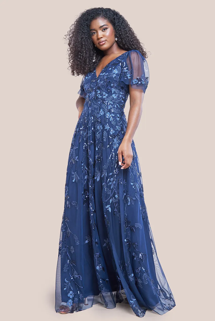 Flared Sleeve Embroidered Maxi Dress - Navy Blue by Goddiva sold by Goddiva
