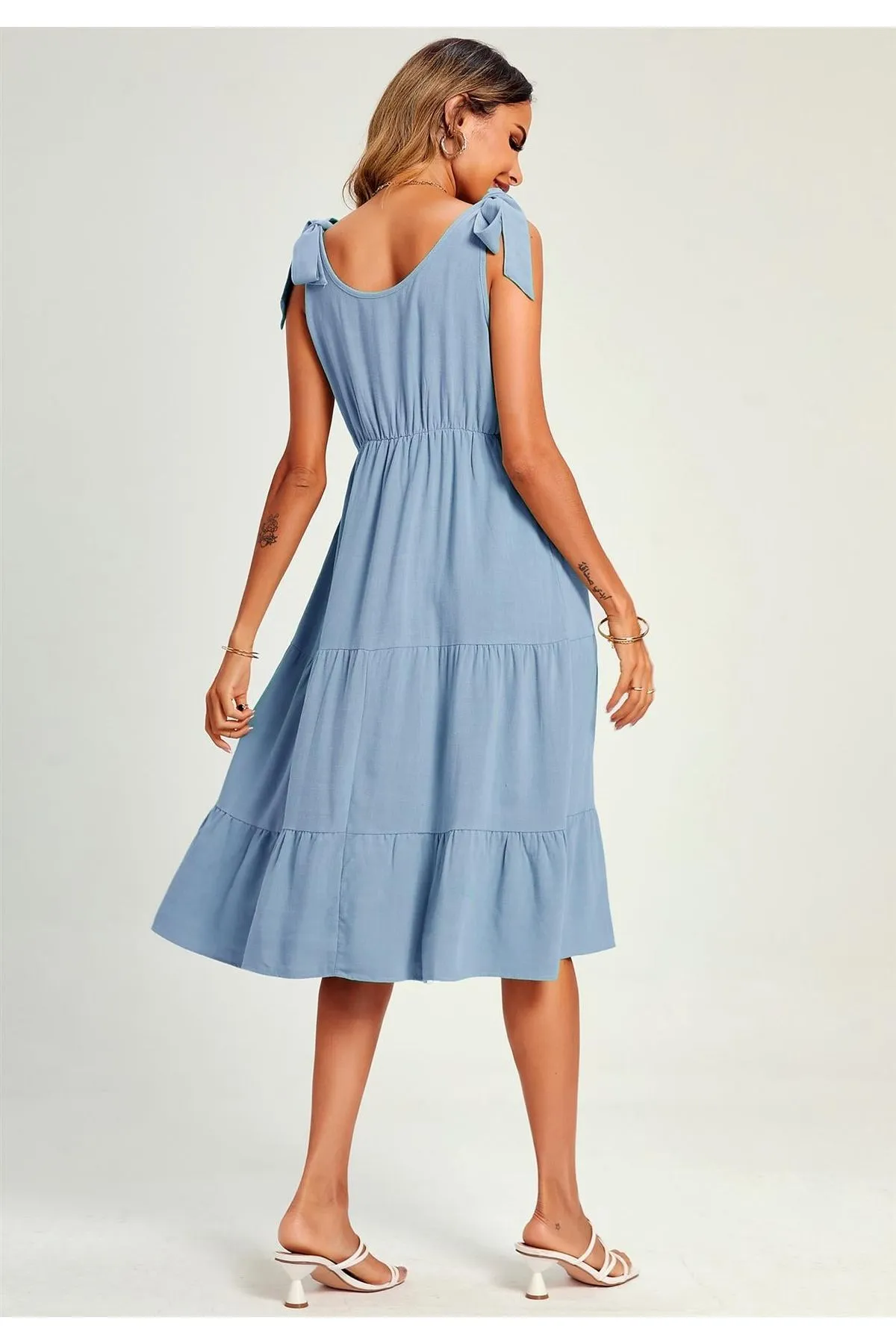 FS Collection Relaxed Linen Self Tie Shoulder Tiered Midi Dress In Light Blue sold by Goddiva product image thumbnail 4