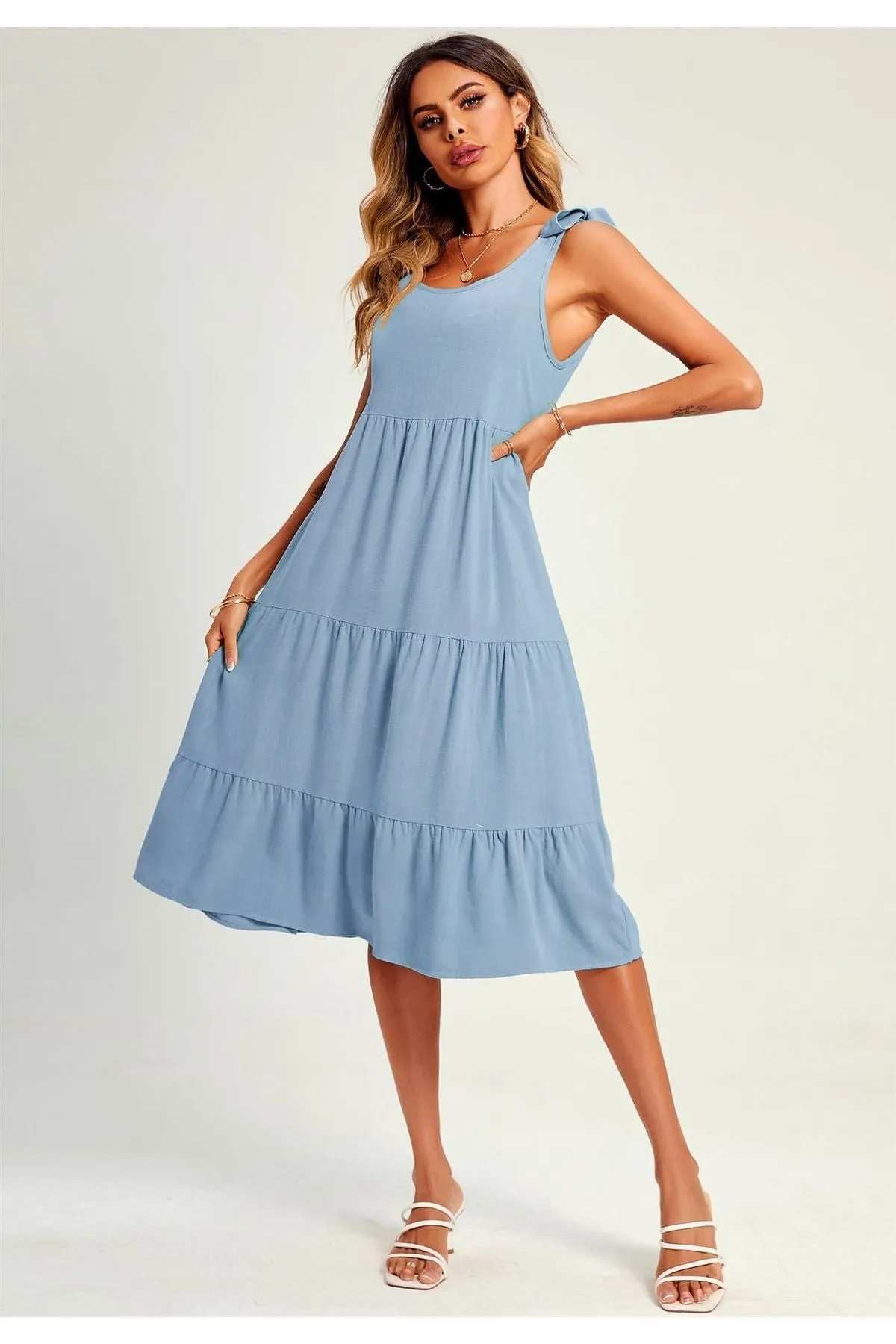 FS Collection Relaxed Linen Self Tie Shoulder Tiered Midi Dress In Light Blue sold by Goddiva product image thumbnail 2