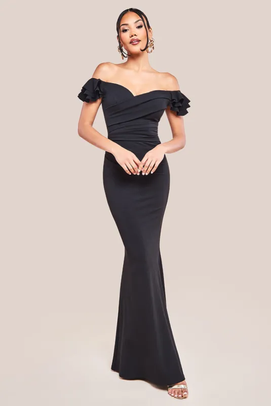 Frilled Off The Shoulder Scuba Maxi Dress - Black by Goddiva sold by Goddiva