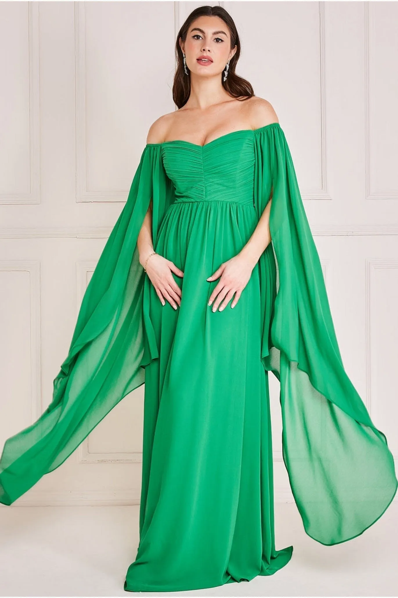 Chiffon Off The Shoulder Maxi With Cape Sleeves - Green by Goddiva sold by Goddiva