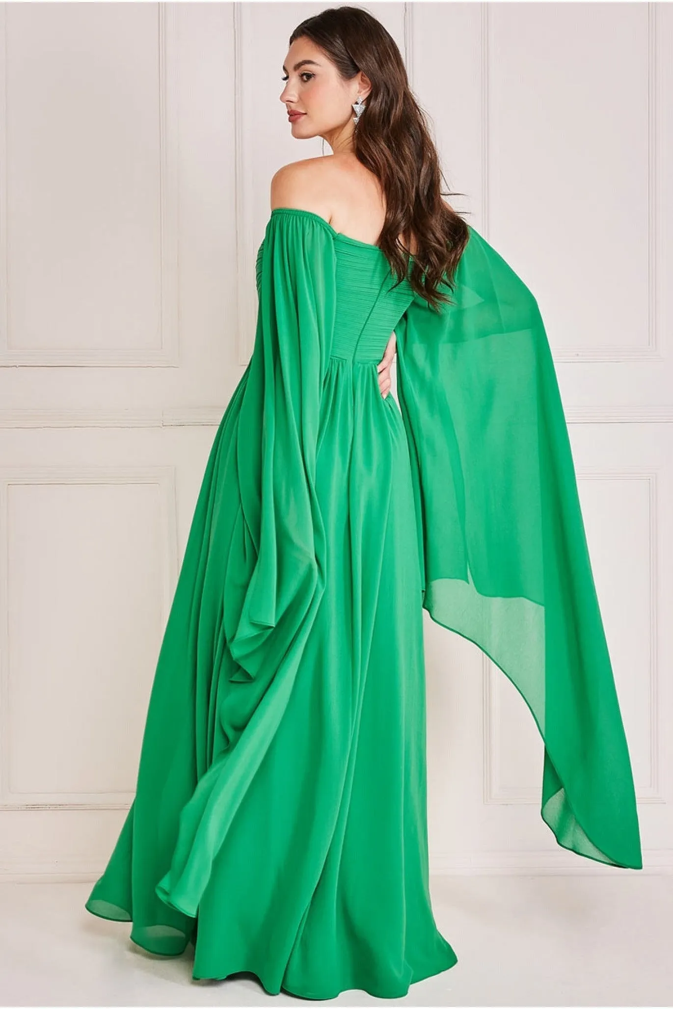 Chiffon Off The Shoulder Maxi With Cape Sleeves - Green by Goddiva sold by Goddiva product image thumbnail 2