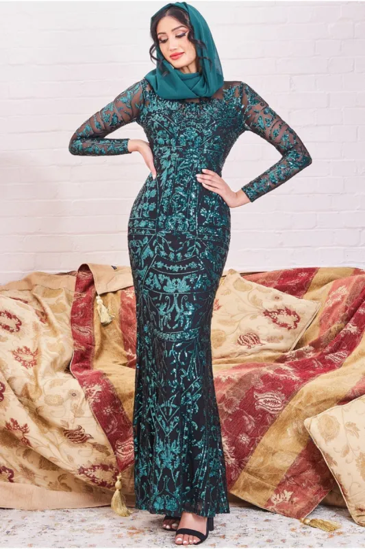 Modesty Sequin Embroidered Maxi Dress - Emerald by Goddiva sold by Goddiva