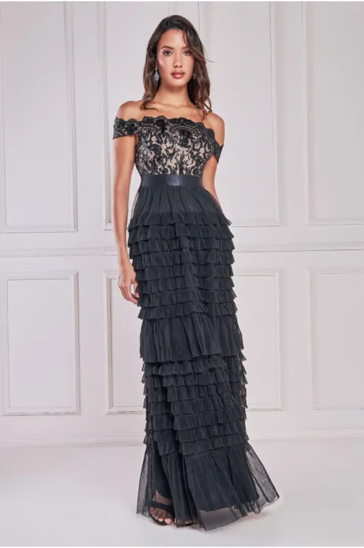 Scallop Bardot Ruffle Mesh Maxi - Black by Goddiva sold by Goddiva