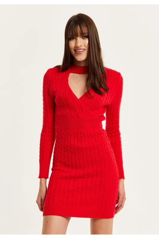 Liquorish Cut Out Front Cable Knit Mini Dress In Red sold by Goddiva