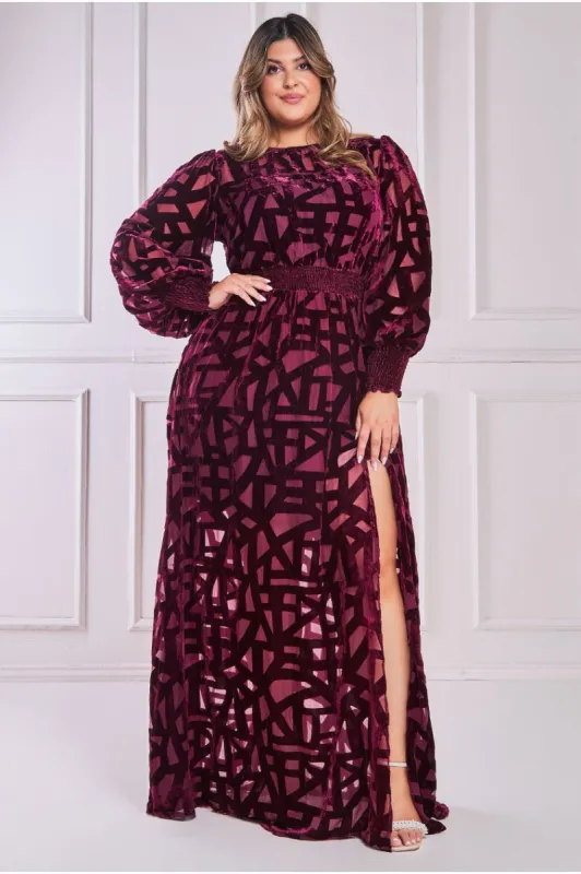 Goddiva Plus Burnout Velvet Maxi Dress - Wine sold by Goddiva