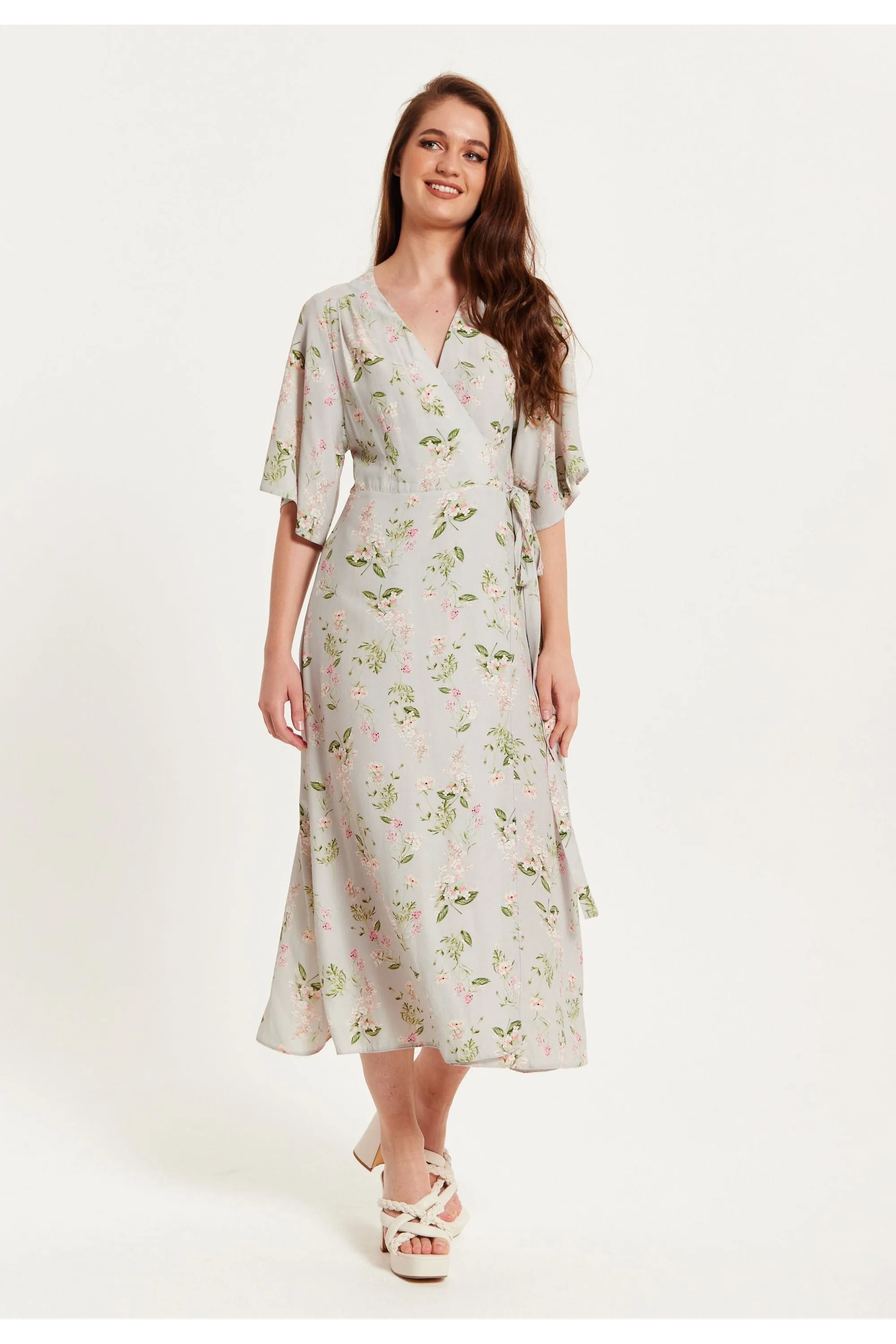 Liquorish Floral Maxi Wrap Dress In Grey With Kimono Sleeves sold by Goddiva