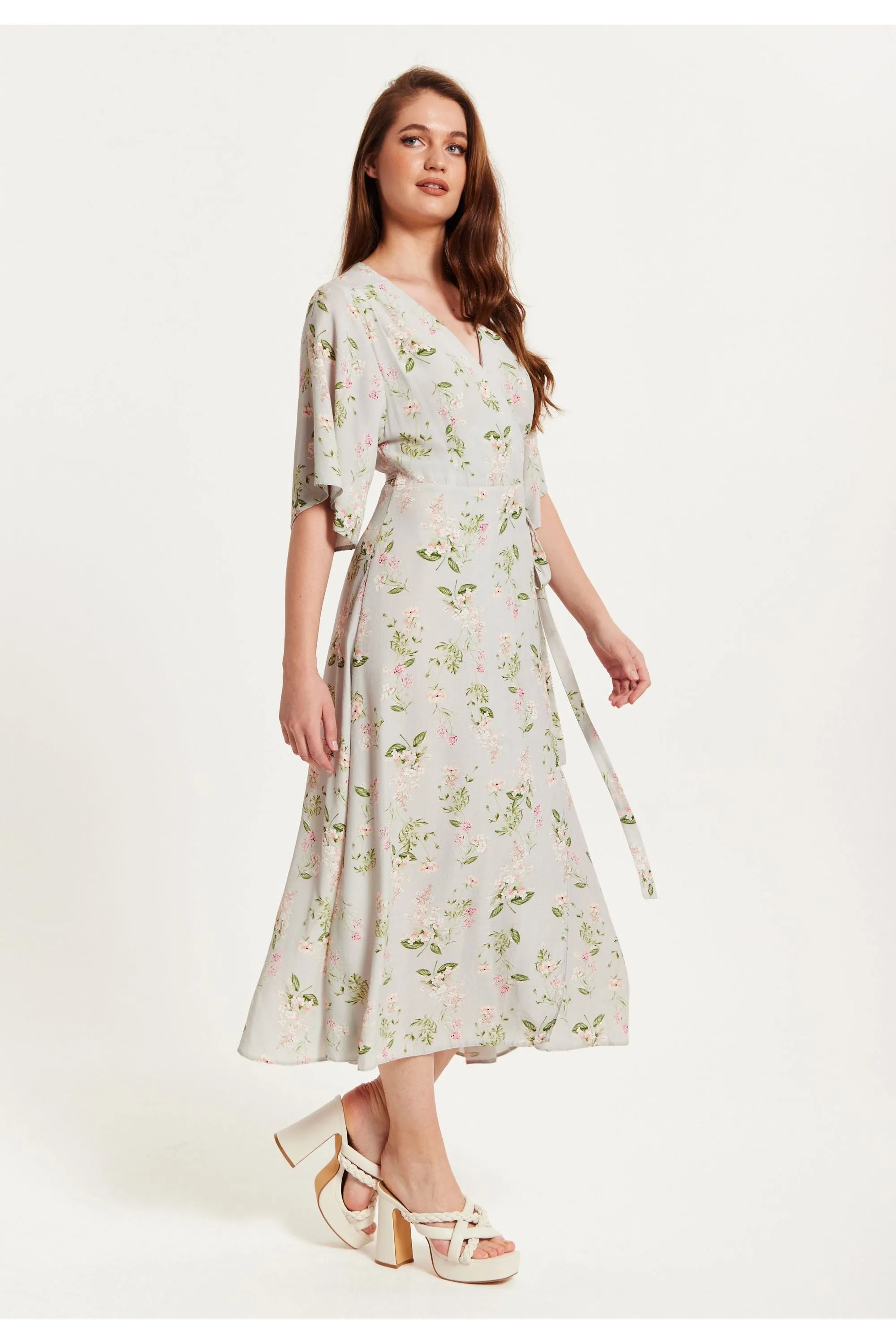 Liquorish Floral Maxi Wrap Dress In Grey With Kimono Sleeves sold by Goddiva product image thumbnail 5