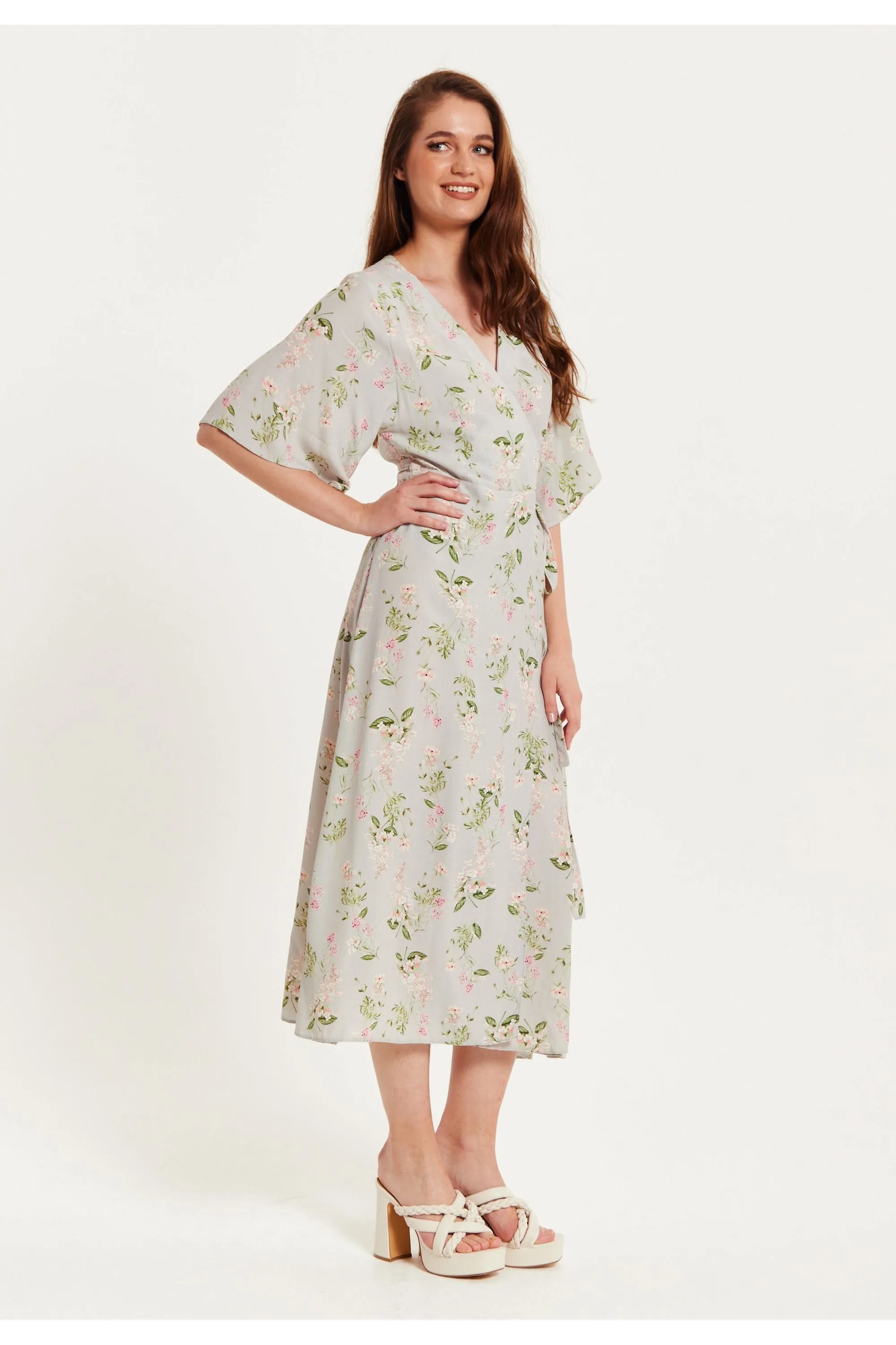 Liquorish Floral Maxi Wrap Dress In Grey With Kimono Sleeves sold by Goddiva product image thumbnail 2