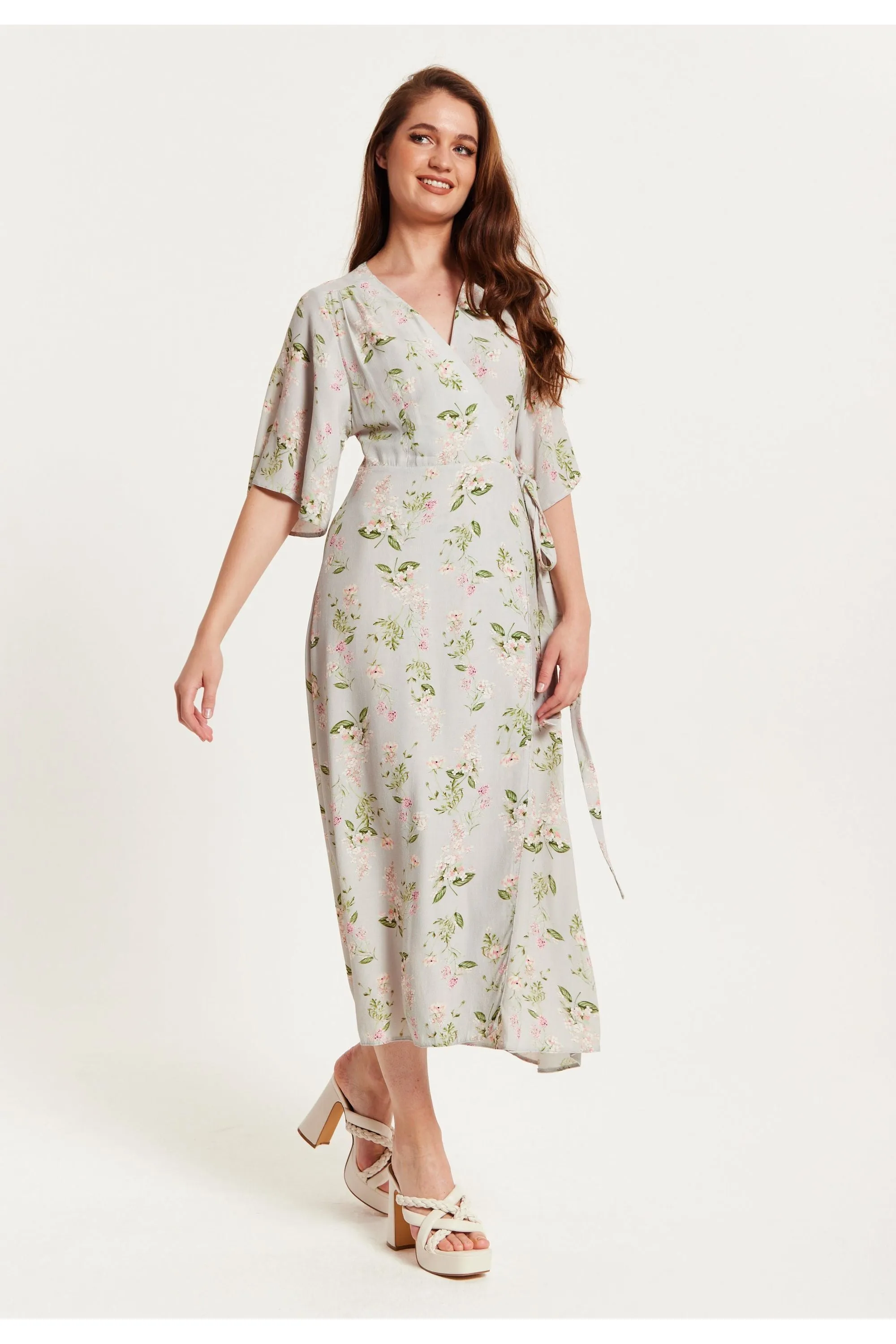 Liquorish Floral Maxi Wrap Dress In Grey With Kimono Sleeves sold by Goddiva product image thumbnail 3