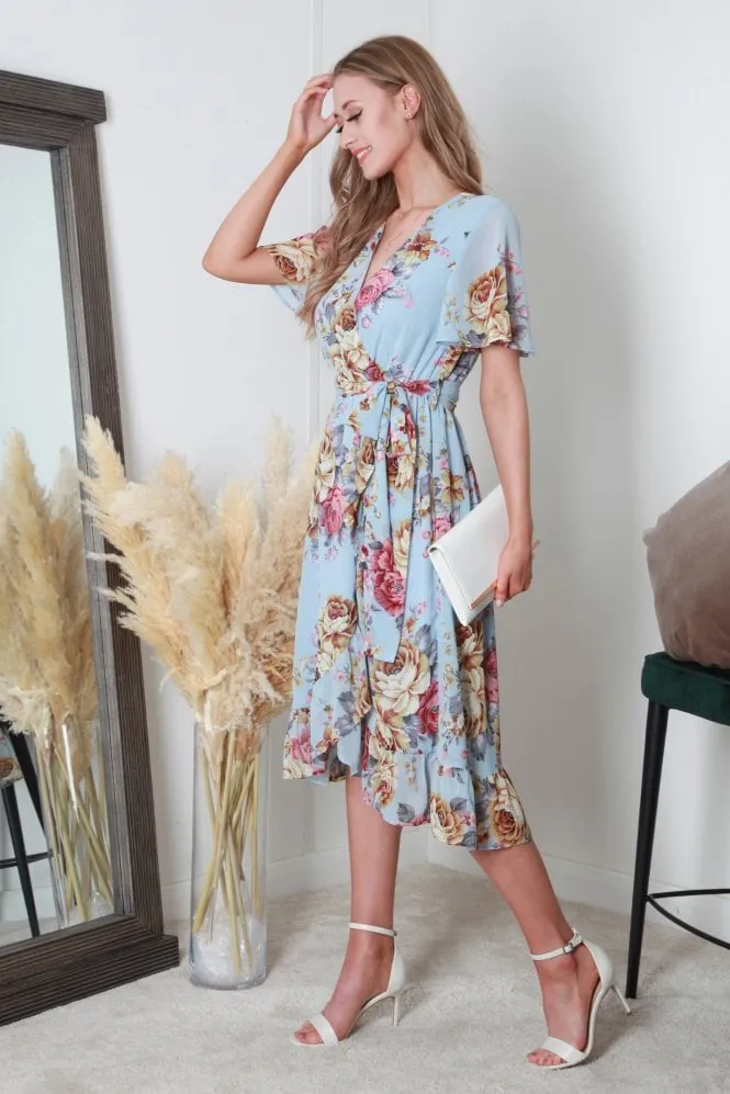 Blue Printed Midi Wrap Dress by Double Second sold by Goddiva product image thumbnail 3