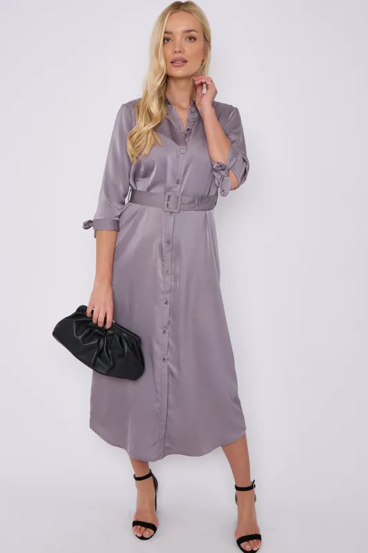 Grey Half Sleeve Belted Maxi Shirt Dress by LOVE SUNSHINE sold by Goddiva